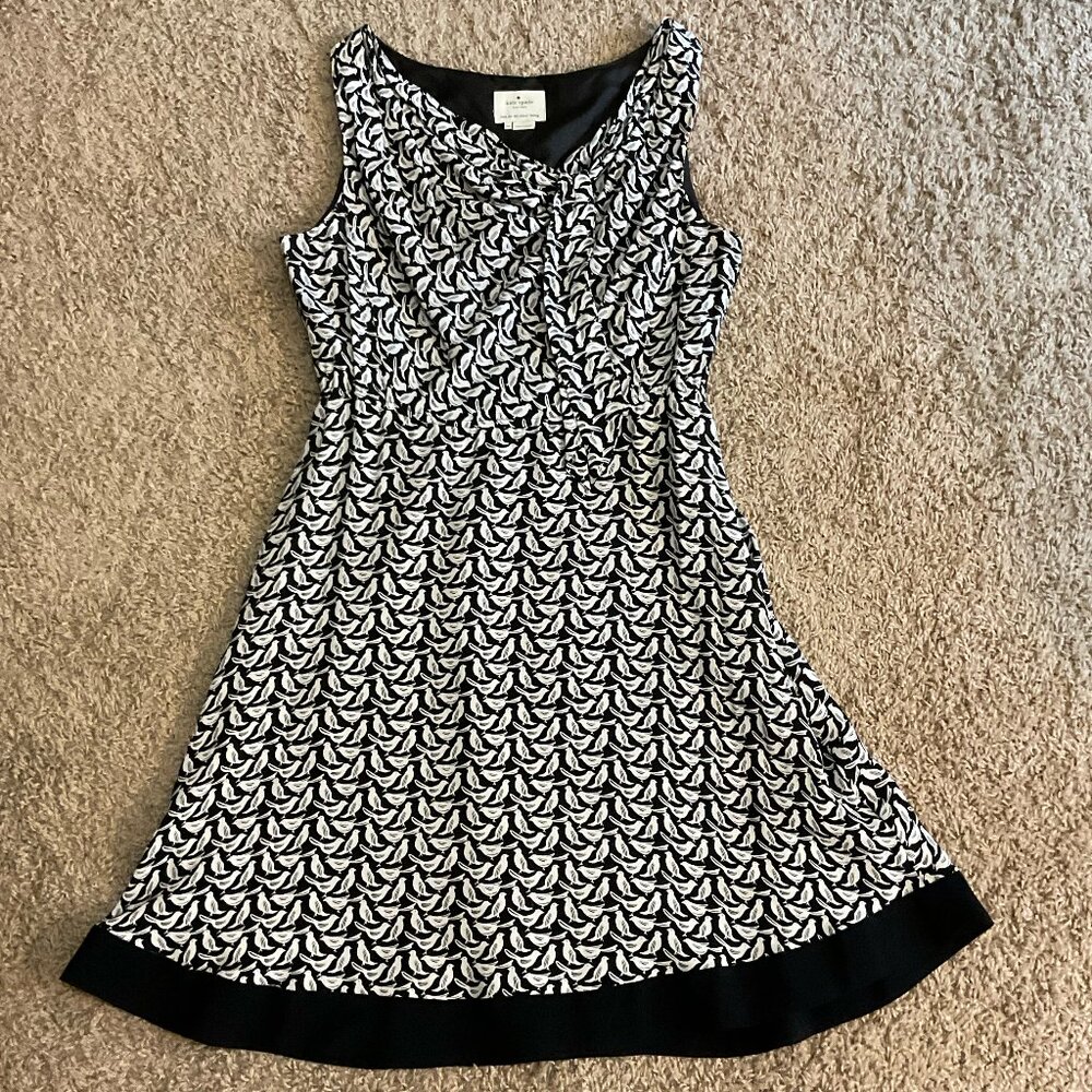 Kate Spade ♠️ Bird Print Sleeveless Draped Neck Midi Dress, Black/White, Size 14